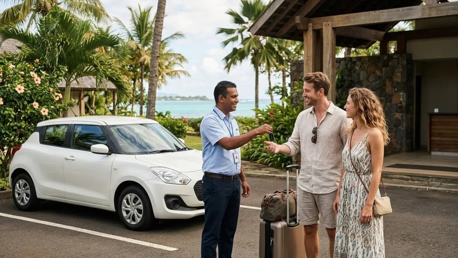 A Codexia team member handing car keys to a smiling couple next to a white Suzuki Swift