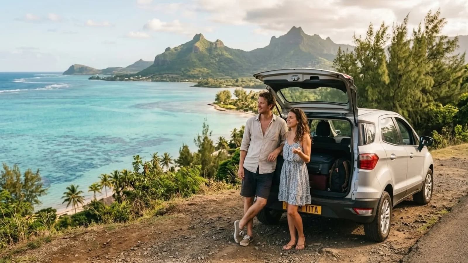A couple standing beside a white SUV at a coastal viewpoint over the Mauritian lagoon